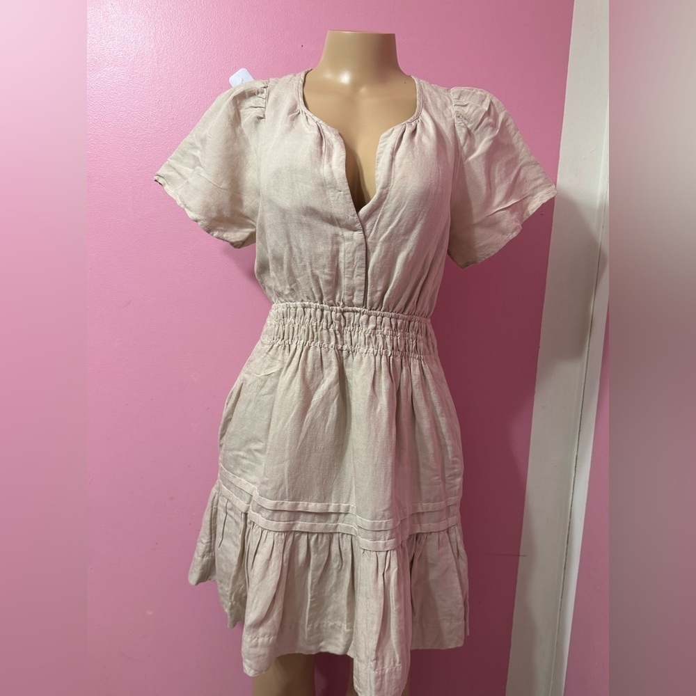 ANTHROPOLOGIE The Somerset Mini Dress Linen Edition Neutral Tan Cream Size S